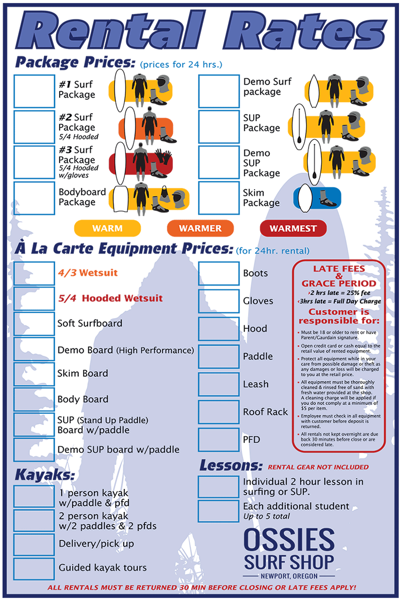 Watersports Rental Rates and Package Board