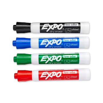 Expo Low Odor Chisel Tip Marker Set, Red, Blue, Green, and Black