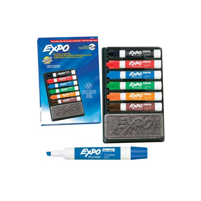 Expo Organizer - 6 Chisel Tip Low Odor Dry Erase Markers with 1 Eraser in Storage Tray