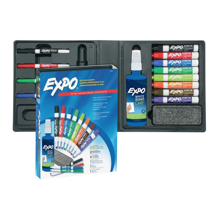 Expo Low Odor Dry Erase Kit - 8 Chisel Tip and 4 Fine Point Dry Erase Markers, 1 Eraser and 1 Bottle Cleaner, 8oz
