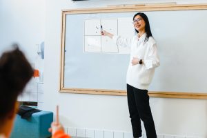Teacher using whiteboard as visual aid